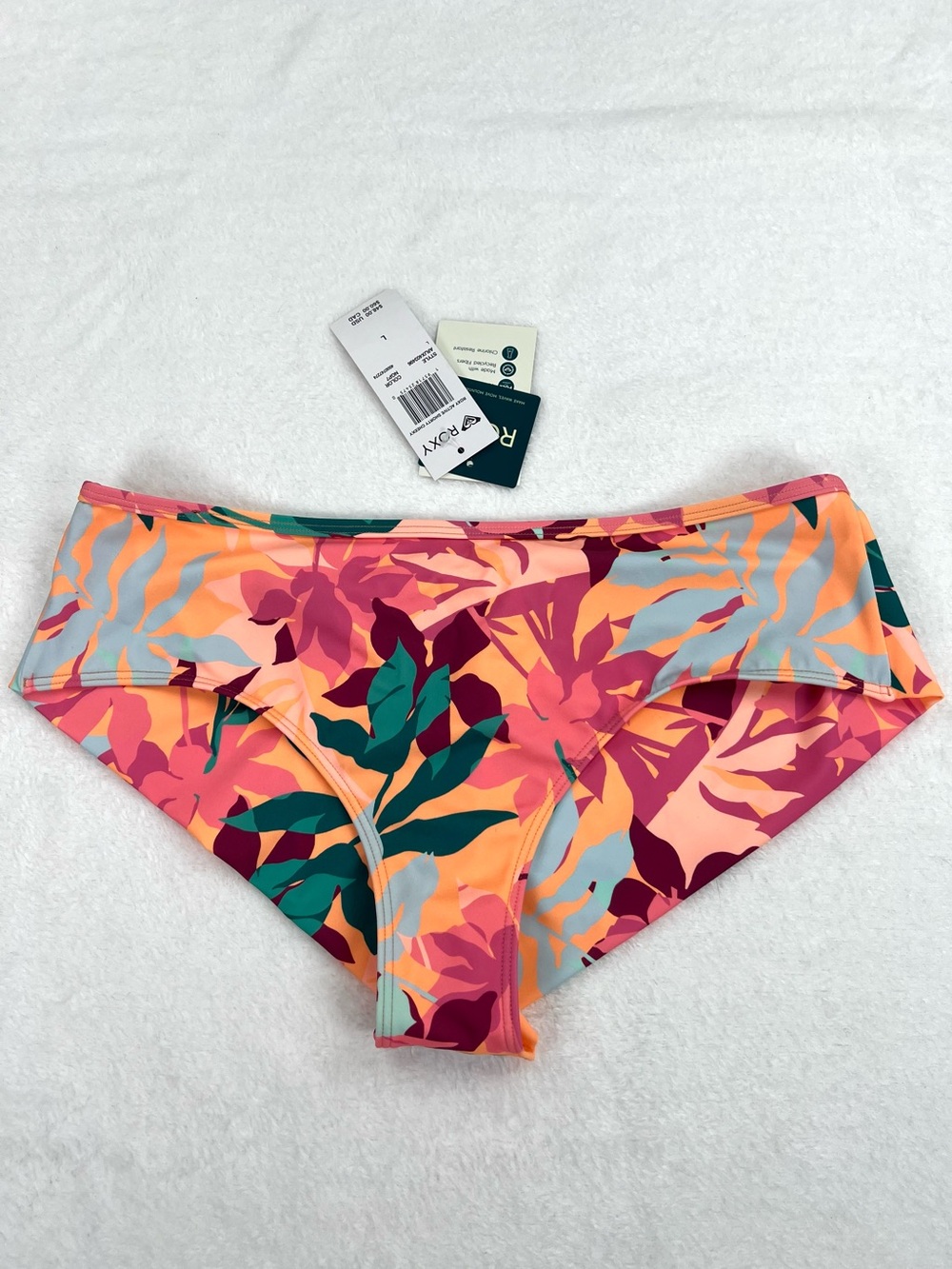 ROXY Active Shorty Cheeky Swim Beach Bottom L NWT Tropical Print Coral Vacay